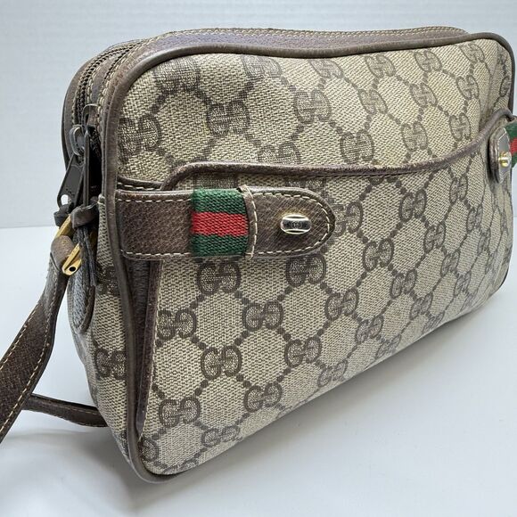 Vintage GUCCI GG Canvas Web Sherry Line Beige Red Green Shoulder Bag - Picture 11 of 13